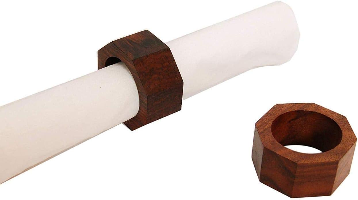 Buy 1 get 1 Jovial International Dark Rustic Wooden Napkin Rings Set with 8 Napkin Rings Holder-Artisans Crafted in India-Hexagonal Shaped Napkin Rings Perfect for Wedding,Dinner,Parties or Everyday Use.