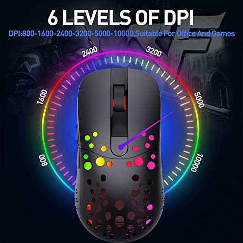 Mouse para jogos RGB sem fio, conectividade sem fio 2,4G, 6 botões programáveis, sensor óptico PixAr