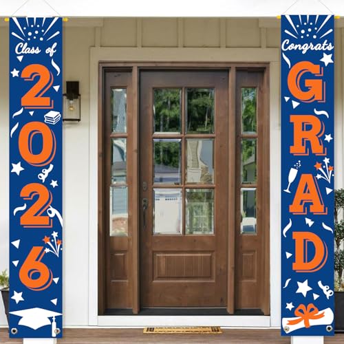 Image of Graduation Porch Banner Class Sign Congrats Grad Hanging Flags High School College University Party Decoration For Front Door Outdoor Blue Orange