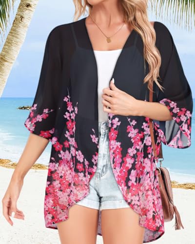 Image of Women Kimono Cardigans Casual Summer Tops Cover up Open Front Floral Print Resort Wear 2026