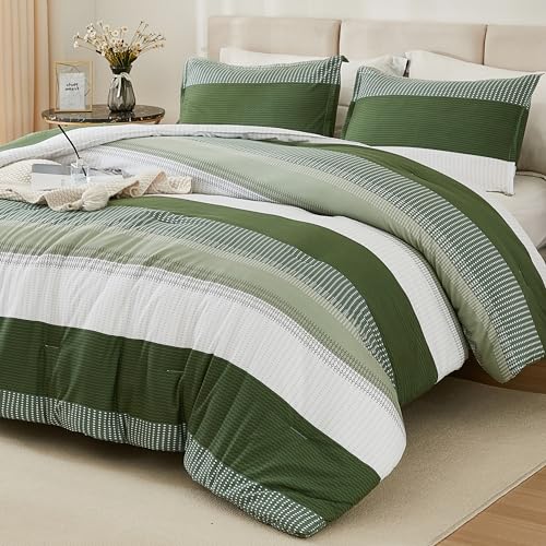 Litanika Olive Green Comforter Set King - 3 Pieces Lightweight Olive Green White Colorblock Stripe Fluffy Bedding Comforter Sets, All Season Bed Set