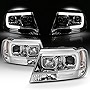 AKKON - For 1999-04 Jeep Grand Cherokee Full LED Daytime Running Lamp Bar Projector Headlights Chrome Housing Clear Lens Set