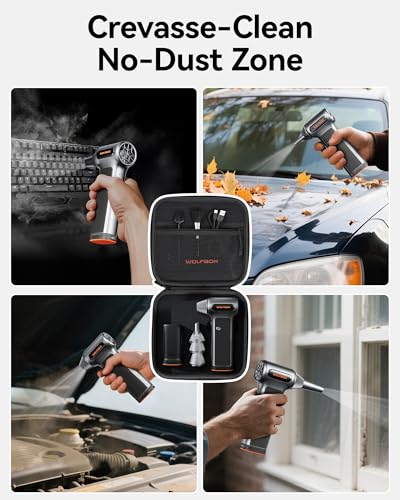 Image of WOLFBOX MF200-2PK Compressed Air Duster - 2 Swappable Battery Packs & Case, Hurricane-Force Electric Air Blower for PC, Car Detailing, Camping & Home, High-Pressure Duster for Narrow Gaps & Crevices