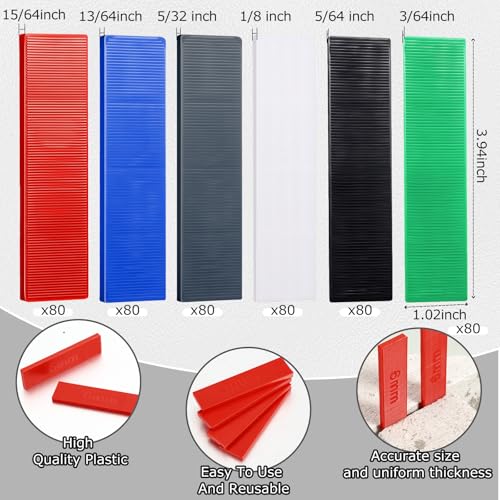 Image of Konohan 480 Pcs Plastic Flat Shims Structural Tile Plastic Shims for Leveling, 3 /64, 5 /64, 1 /8, 5 /32, 13 /64, 15 /64, Green, Black, White, Grey, Blue, Red