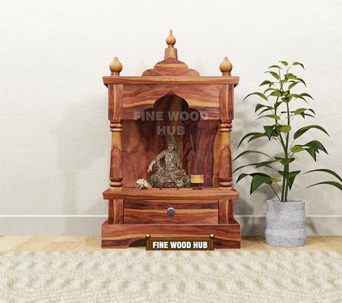 Image of Solid Sheesham Wood Wooden Mandir for Pooja Home Decoration Wall Mounten Beautiful Temple (Hight 75 X 42 X 28 CM)