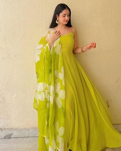 Image of Women's Georgette Sleeveless Maxi Long Gown with Duptta (580-SLEEVELESS-LIME)