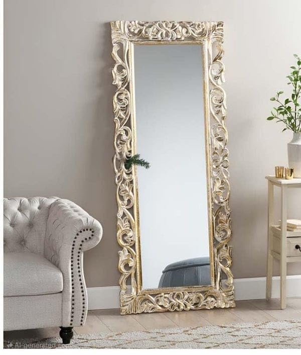 Image of Wood encoitry Wooden Hand Carved Decorative Vertical or Horizontal Hanging Rectangular Wall Mount Mirror Fram White Gold (24 x 60) Only Frame with Out Mirror