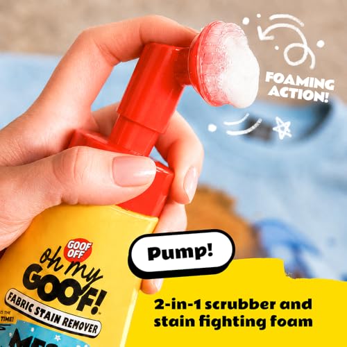 Image of oh my GOOF! Mess Magic Fabric Stain Remover, 8 oz. Foam Stain Remover with Built-In Silicone Scrubber, Helps Remove Food, Marker, Crayon and Ink Marks