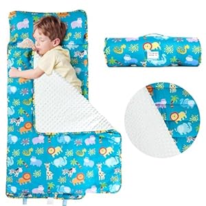 Toddler Animal Themed nap mat for Daycare, Travel Sleeping Bag, Ages 3-7, with Removable Pillow, Easy to roll up, Easy to Carry, for Boys and Girls, Lightweight, Soft and Comfortable
