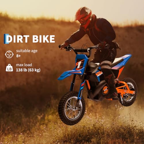 Image of Garvee 24V Kids Electric Off-Road Motorcycle, Ride on 250W Motor 13.6MPH | Fast Speed Dirt Bike, Leather Seat, Twist Grip Throttle, Metal Suspension, Air-Filled Tires for Kids Teens Riding Toy, Blue