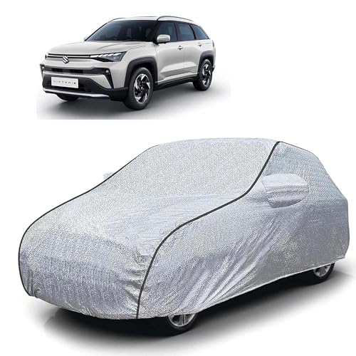 Image of Sulfar 100% Waterproof Car Body Cover Compatible with Mirror for Maruti Suzuki Victoris (Triple Stitched, Full Bottom Elastic, Magic Silver with Black Piping)