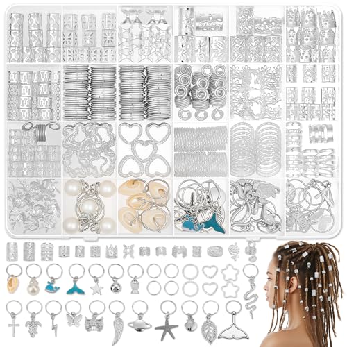 323 Pcs Silver Hair Jewelry for Braids Dreadlocks Twists and Locs Adjustable Cuffs Rings and Charms Beads Accessories for Women Men Perfect for Parties Weddings Festivals and Daily Wear