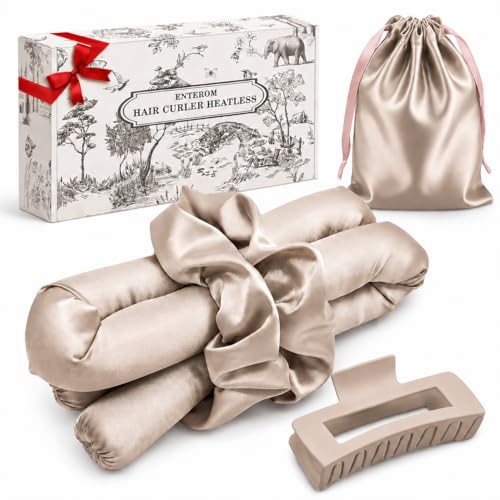 EnteromMuse Heatless Curls Overnight Satin Curling Set No Heat Hair Curler for Long & Short Hair Heatless Curling Rod&Rollers for Soft Bouncy Curls Complete Kit with Storage Bag(Beige Original)