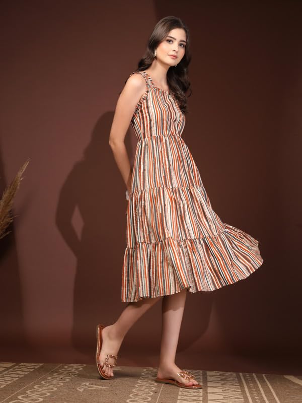 Image of Daevish New Rayon Floral Printed Flared Midi Dress for Women | Women Calf Length Dress
