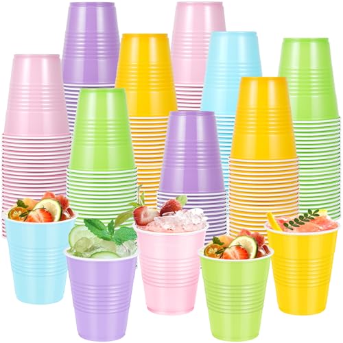 100Pcs Pastel Plastic Cups 12 oz Bulk Colorful Light Blue Pink Purple Green and Yellow Disposable Party Graduation Cups for Easter Graduation Picnic Wedding Bridal Birthday Party Supplies Decorations