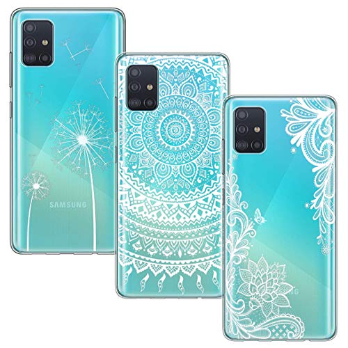 BAOWEI [3 Pack] Coque Compatible avec Samsung Galaxy A51, Ultra Mince Transparent Souple TPU Silicone Etui de Protection avec Cute Motif Housse - Fleur Blanche, Mandala et Pissenlit Cover