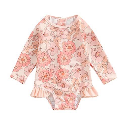 Image of Mandizy Toddler Baby Girl Swimsuit One Piece Long Sleeve Floral Print Zipper Rash Guard Swimwear Ruffle Beach Bathing Suit