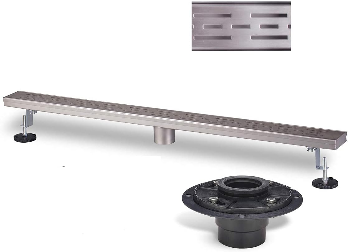 Linear Drain 36 Inch and Shower Drain Base with Rubber Gasket 2 Outlet Bathroom Shower Floor Drain, Neo Style and Brushed Surface SS304 Rust Free