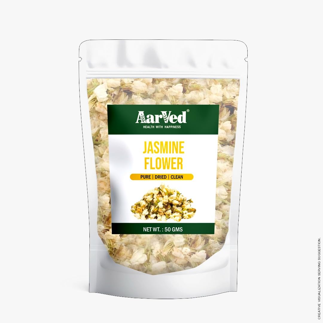 Aarved Natural Edible Dried Jasmine Flower (50g) Flower Based Herbal Tea, No Caffeine, Antioxidant - Rich Tea For Increasing Immunity, Stress Relief & Heart Health For Glowing Skin (Pack of 1)