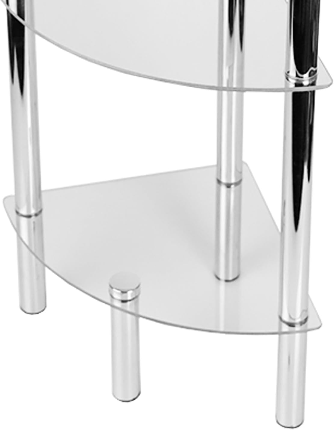Alaye view of the chrome cap and post connection point for a glass shelf on the Home Basics 4-Tier Glass Corner Shelf.