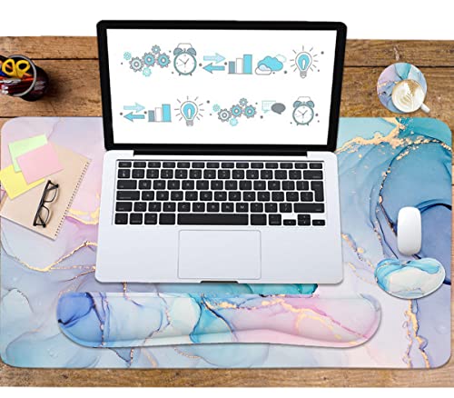 Image of 4-in-1 Large Gaming Mouse Pad, Keyboard Wrist Rest Pad & Wrist Support Mousepad Set, Extended Desk Pad Waterproof Desk Mat for Home Office Study Game - Blue Marble