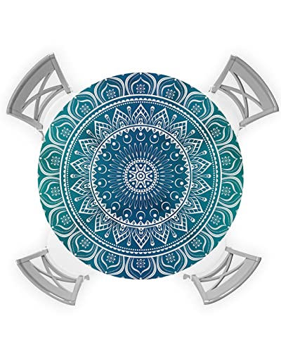 SEVENBABU Round Table Cover 55-60 Inch, Waterproof Reusable Table Cloth Round Fitted Vinyl Tablecloth with Elastic Edged for Parties Outdoors, Boho Style Mandala Pattern Green Gradient