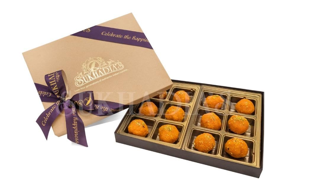 Sukhadia Sweets - Motichoor ladoo Gold Gift Box - 12 pc Premium Sweets - Indian Mithai Gift - Freshly Made In USA
