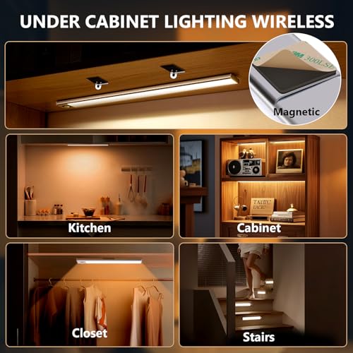 Image of Under Cabinet Lighting Wireless 4Pack, 3 Color Temps Motion Sensor Light Indoor, 8 inch Dimmable Closet Lights Battery Operated, Rechargeable LED Magnetic Light, Under Counter Lights for Kitchen, Stairs