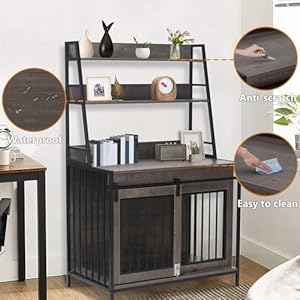 Dog Crate Indoor Furniture with Storage Shelves, 37 inch Wooden Dog Kennel with Double Sliding Doors, Heavy Duty Dog Cage for Large Medium Small Dogs, Grey