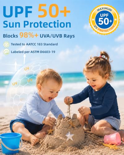 Image of 6M-5T 3-Pack Baby Toddler Rash Guard Swim Shirts UPF 50+ Boys Girls | Quick-dry 4-way stretch UV sun protection tops; moisture-wicking tagless comfort for beach, pool, splash pad and summer play