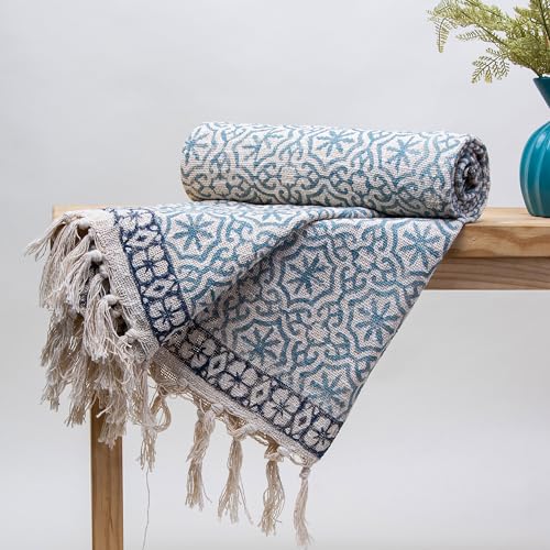 Image of Cotton Hand Block Printed Throw Blanket for Sofa, Bed, Couch, Muti Purpose Uses 50X60 Inches (Multi-Color 01)