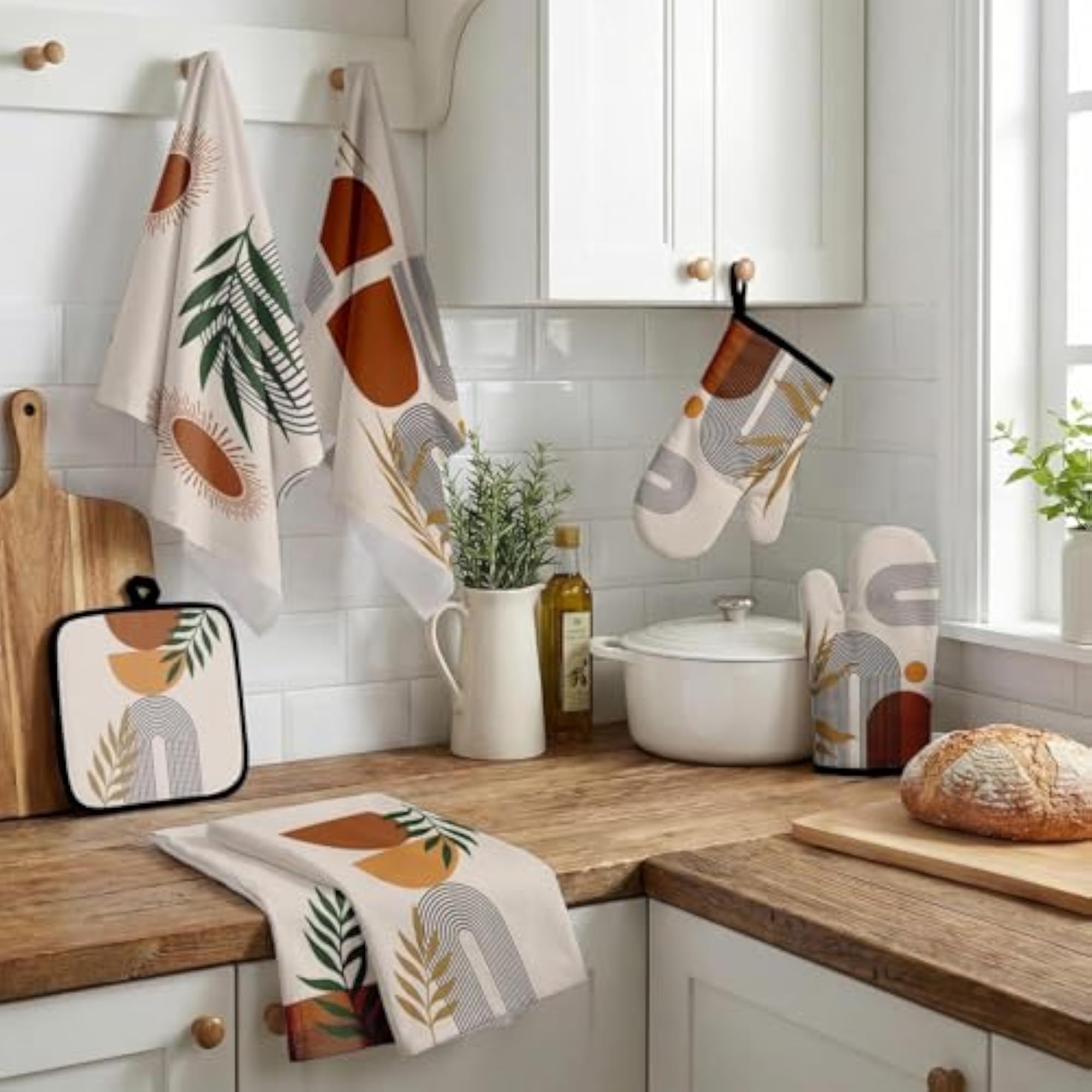 8 Pcs Boho Kitchen Towels Sets with Oven Mitts, Decorative Gift