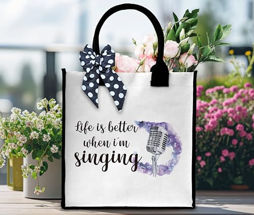 Singing Tote Bag For Women, Life is Just Better When I'm Singing Tote Bag, Canvas Tote Bag For Travel, Music Lover Gift Tote Bag With Ribbon, Beach Tote Bag Gifts For Women Teachers Singer Friends -033