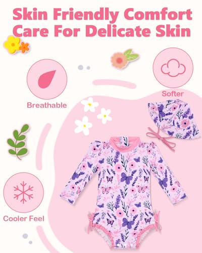 ALVABABY Girls' Swimsuit with Hat, Girls' Rash Guard Sets,Puffed Sleeve,3M-4T Bathing Suit for Outdoor Activities2