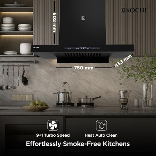 Image of KOCHE STARK 75 BLDC Chimney for Kitchen 75cm | 1500 m /hr Powerful Suction | Gesture & Touch Control | Auto Clean Filterless | 9+1 Turbo Speeds | Low Noise | 12 Years Warranty