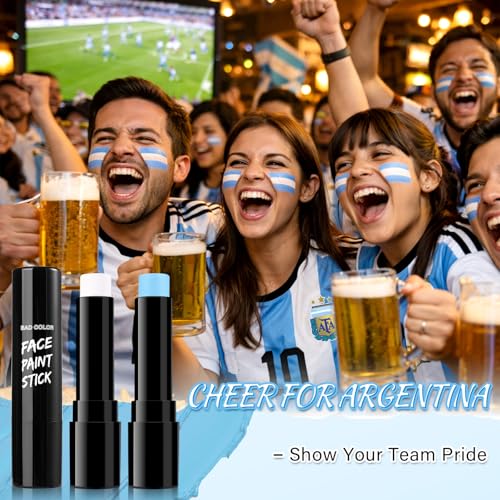 Image of BADCOLOR Argentina Light Blue White Face Body Paint Stick Set, Oil Based Fan Makeup Stick, Waterproof Sweatproof Face Paint for Football, Rugby, Softball, Baseball, Lacrosse, Sports Accessories