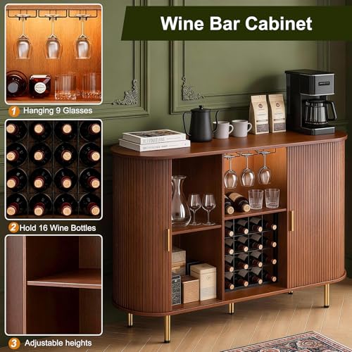 Image of DHH 55 inch Wine Bar Cabinet with Storage, Fluted Liquor & Coffee Bar Cabinet with Wine Rack and Glass Holder, Buffet Sideboard with LED Lights for Home Kitchen Living Dining Room(Walnut)
