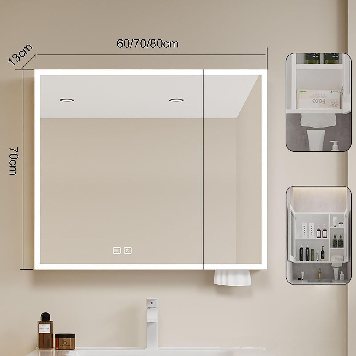 Szafka do przechowywania w łazience naścienna, szafka z lustrem toaletowym LED, inteligentna szafka przeciwmgielna, podświetlana apteczka z lustrem HD, inteligentny przełącznik dotykowy