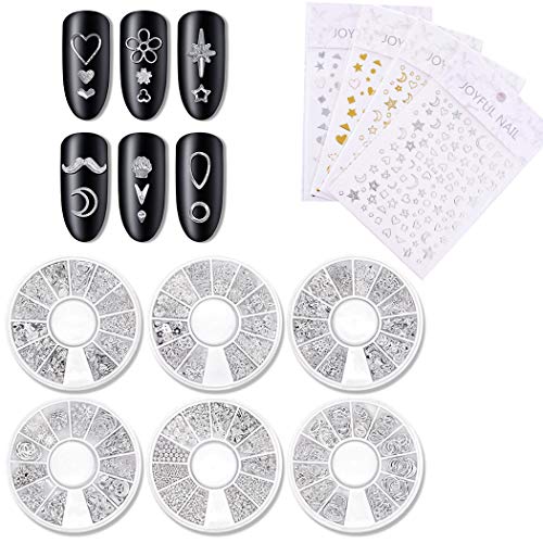 Sipliv métal nail art rivet rayé coeur creux étoiles étoiles de lune plantes florales rivet décoration de bricolage bricolage (6 boîtes) avec un autocollant nail art étoiles lune (4 pcs) - argent Cover
