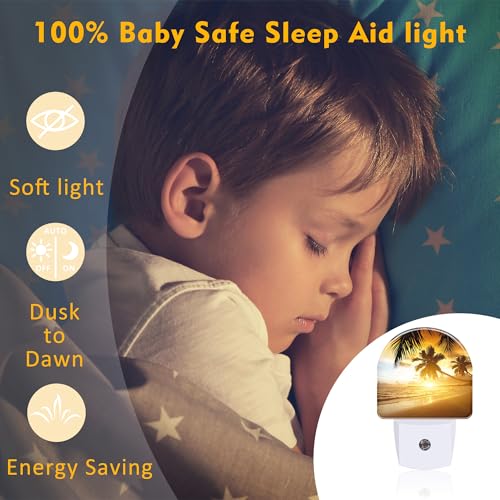 Image of Tropical Ocean Beach Night Light, Palm Trees at Sunset Dusk to Dawn Night Light Plug in,0.5w Energy Saving Sleep Friendly NightLight for Kids Boys Girls Home Decor