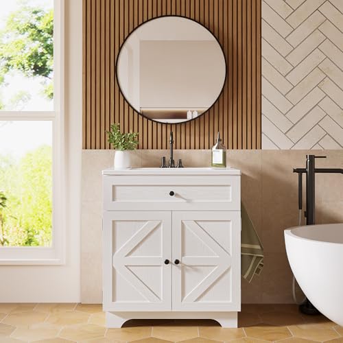 30 Inch Bathroom Vanity with Sink - Farmhouse Single Sink Cabinet, Adjustable Shelves & Ceramic Basin, Bathroom Sink Cabinet for Guest Baths Master Suites or Rental Units (White) - Thumbnail 3