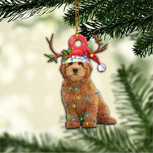 Talataca Goldendoodle Dog Wearing A Christmas Hat String Lights Groodle 2D Flat Car Rear View Mirror Accessories Christmas Tree Ornament Decoration Hanging Charm Interior Rearview Pendant Decor Gift