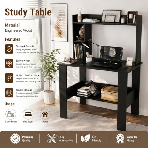 Image of SPYDER CRAFT Modern Daisy Engineered Wood Study Table with Storage Shelf | Clean Minimalist Computer Desk for Home, Office, & Bedroom | Durable & Easy to Clean (Black) (Assembly DIY)