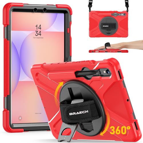 Image of BRAECN Case for Samsung Galaxy Tab S10 Lite / S10 FE / S9 FE 5G / S9 / S8 / S7 | 10.9 /11 inch Shockproof Heavy Duty Full Body Protective Cover with Hand Strap & Kickstand, Shoulder Strap, S Pen Holder Red