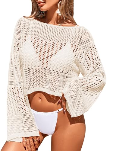 Womens Crochet Crop Off Shoulder Ruffle Trim Beach Swimsuit Cover Up Tops