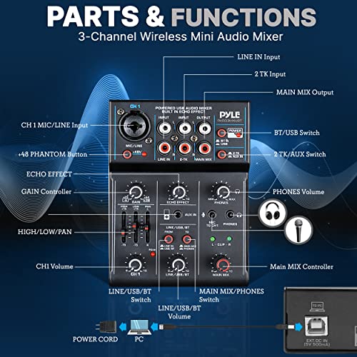 image for Pyle Professional Wireless DJ Audio Mixer- 3-Channel Bluetooth DJ Cont
