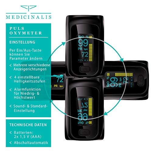 Medicinalis - Pulsoximeter Finger - SpO2 Pulsmesser – Fingerpulsoximeter - Messung von Puls und Sauerstoffsättigung am Finger – OLED Display - Batterieanzeige – Alarm – One Touch Bedienung