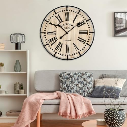 Image of EMAX HOME Rustic Farmhouse Wall Clock 24 Inch, Vintage Oldtown London Wooden Large Clock with Silent Tick, for Bedroom, Office, Kitchen, Indoor Home Decoration