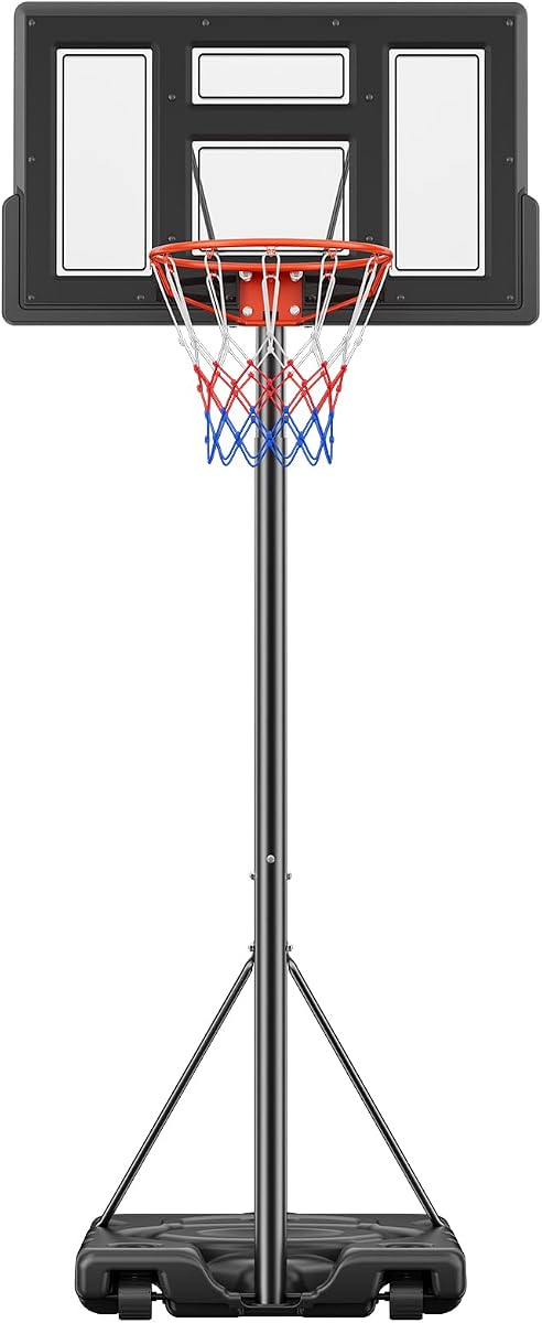 Sweetcrispy Portable Basketball Hoop Outdoor 6.1-10FT Adjustable Height, 44 Inch Shatterproof Backboard/Shock Absorbent Rim, Fillable Base, 2 Wheels for Backyard/Driveway