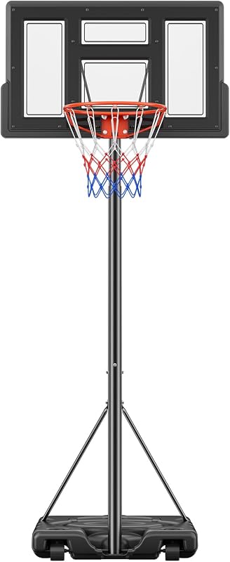 Sweetcrispy Portable Basketball Hoop Outdoor 6.1-10FT Adjustable Height, 44 Inch Shatterproof Backboard/Shock Absorbent Rim, Fillable Base, 2 Wheels for Backyard/Driveway